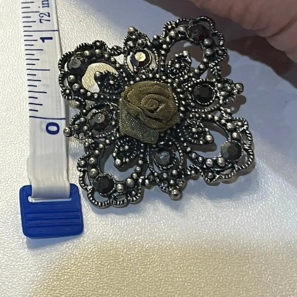 Vintage Silver Rhinestone Brooch with Olive Green Rose|Intricate Floral Pin|EUC